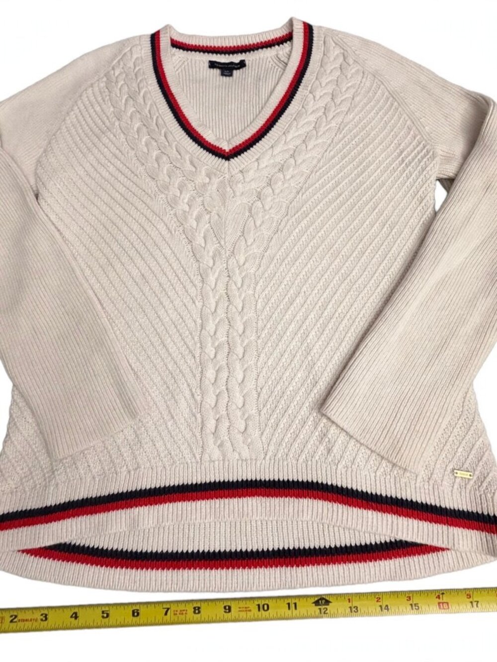 Tommy Hilfiger White Cable Knit V Neck Sweater Mens L Red Navy Trim Preppy Golf